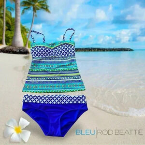 NWOT Blue Rod Beattie, Geometric Print Flared  Tankini Bikini Set, Size 6, Blue